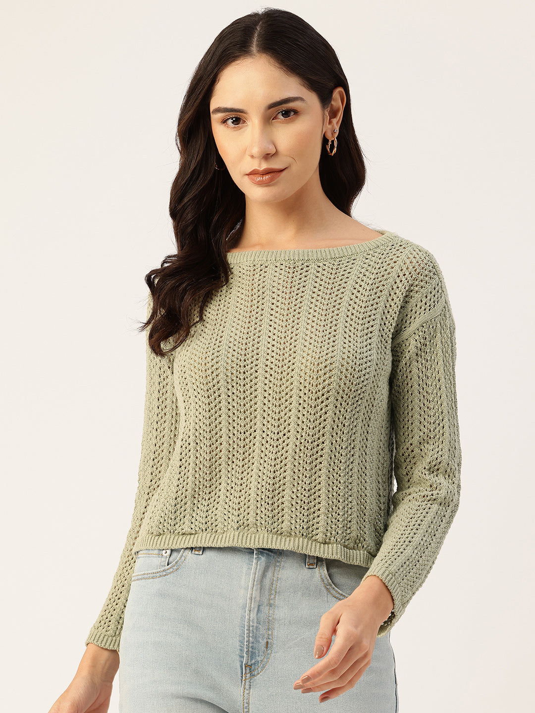 Women Olive Drop Shoulder Crochet Loose Fit Sweater Front View