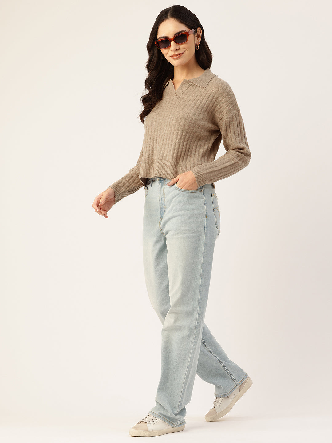 Women Brown Drop-Shoulder Collared Crop Sweater Front View