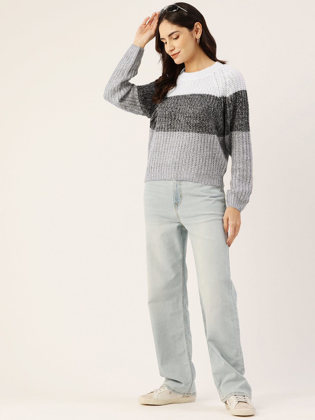 Women Grey and White Striped Drop Shoulder Crop Sweater Front View