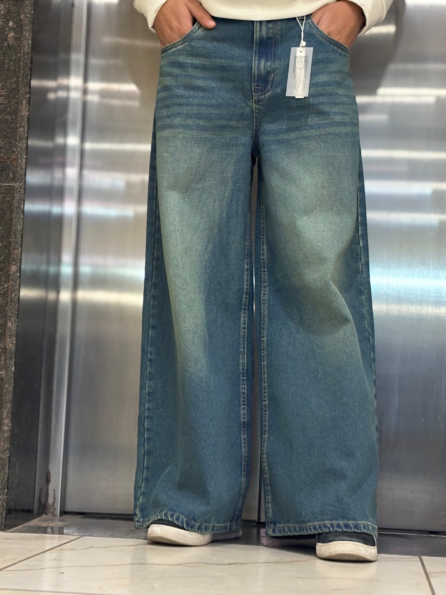 Men's Super Baggy Wide Leg Vintage Light Bluishgreen Wash Jeans Front View