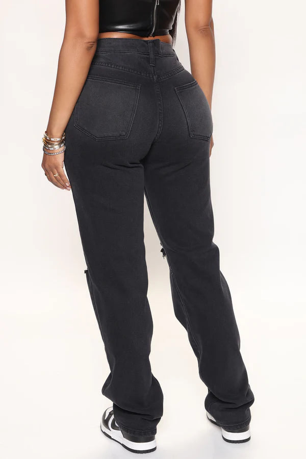 Women's Charcoal Black Knee Ripped Straight Leg Jeans Back View