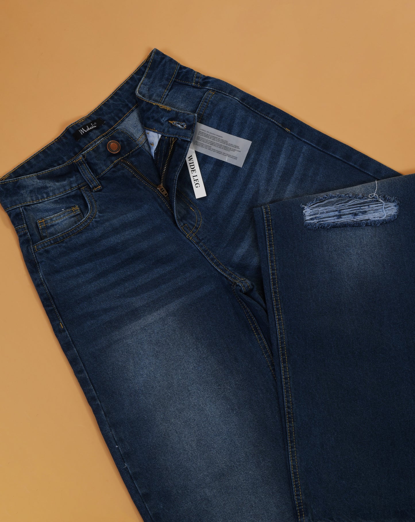 Women Blue Knee Rugged Wide Leg Jeans Zipper View