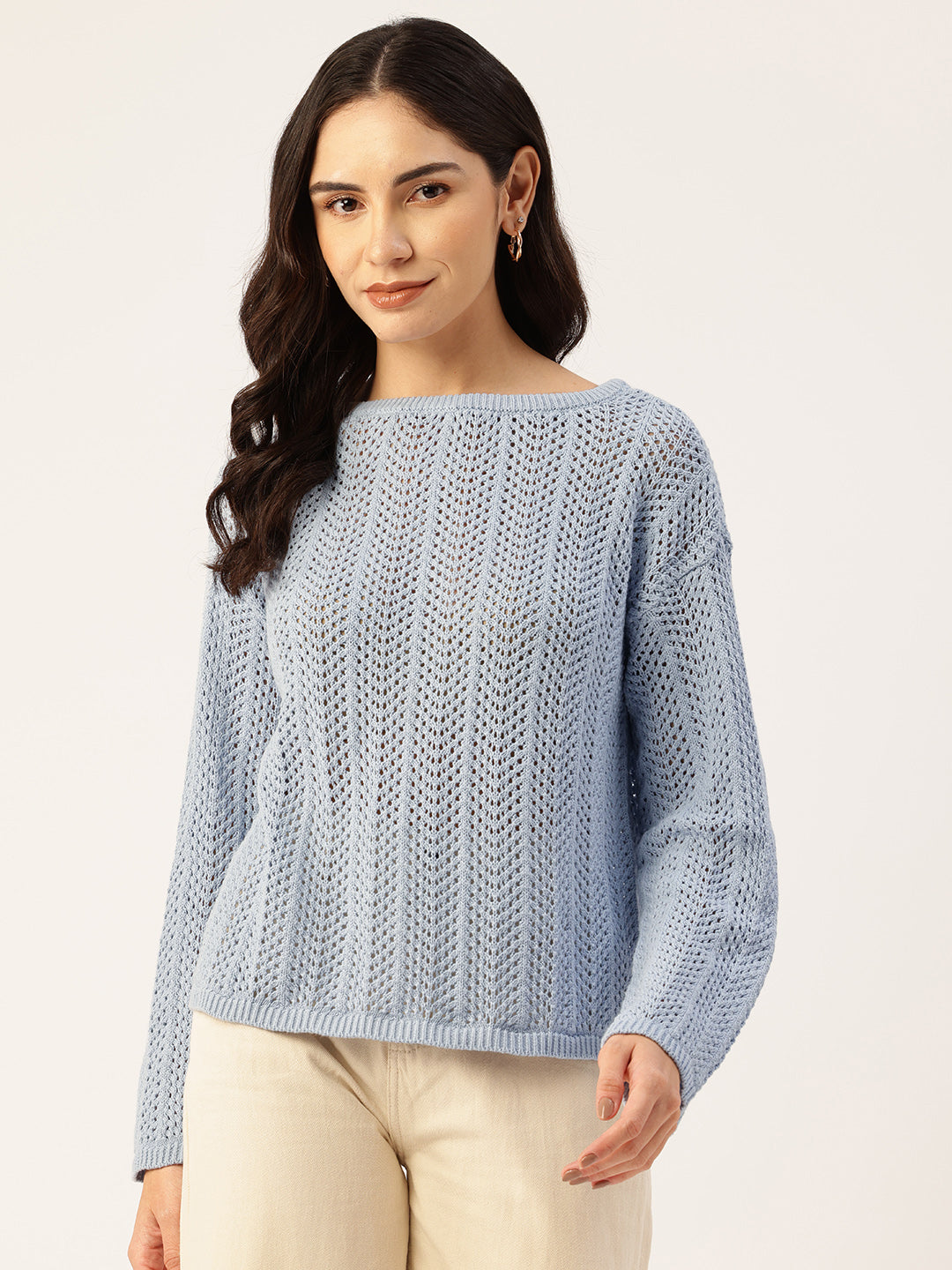 Women Sky blue Drop Shoulder Crochet Loose Fit Sweater Front View