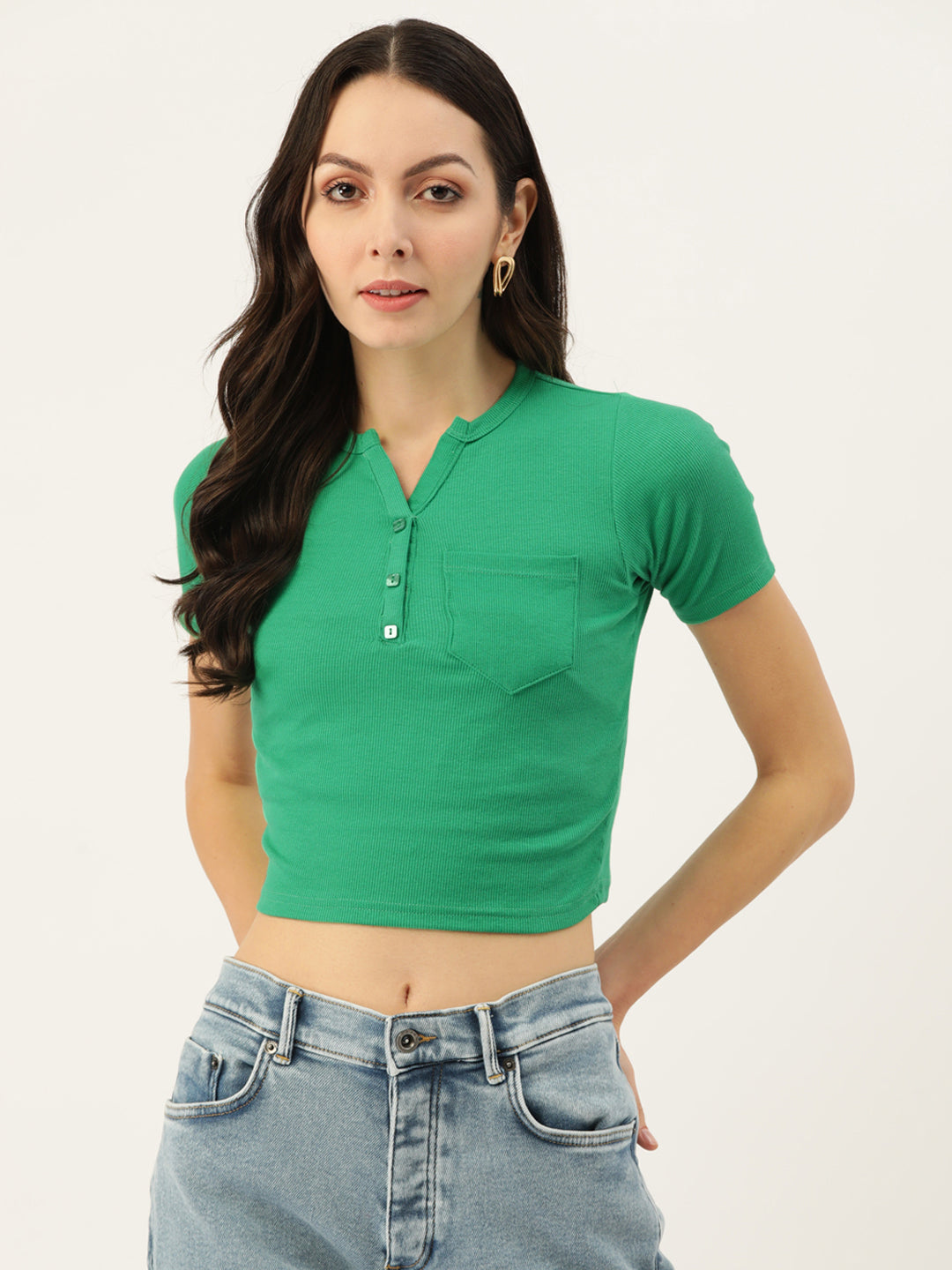 Womens Green Henley Crew Neck Top Front View