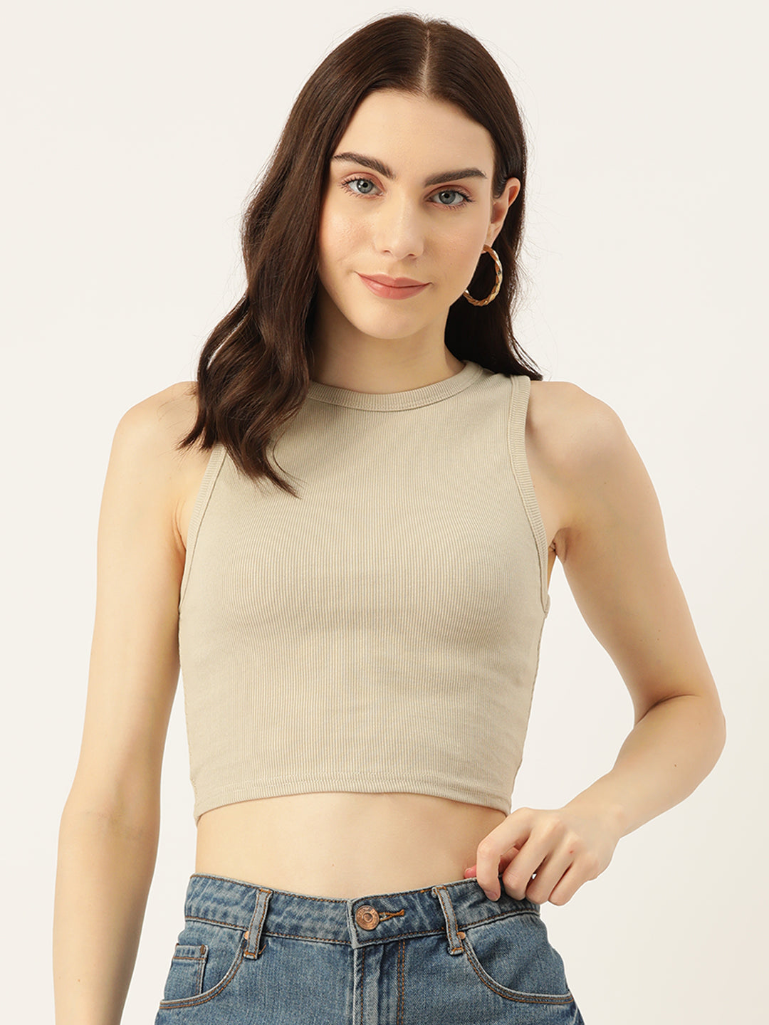 Womens Beige Cotton Tank Top Front View