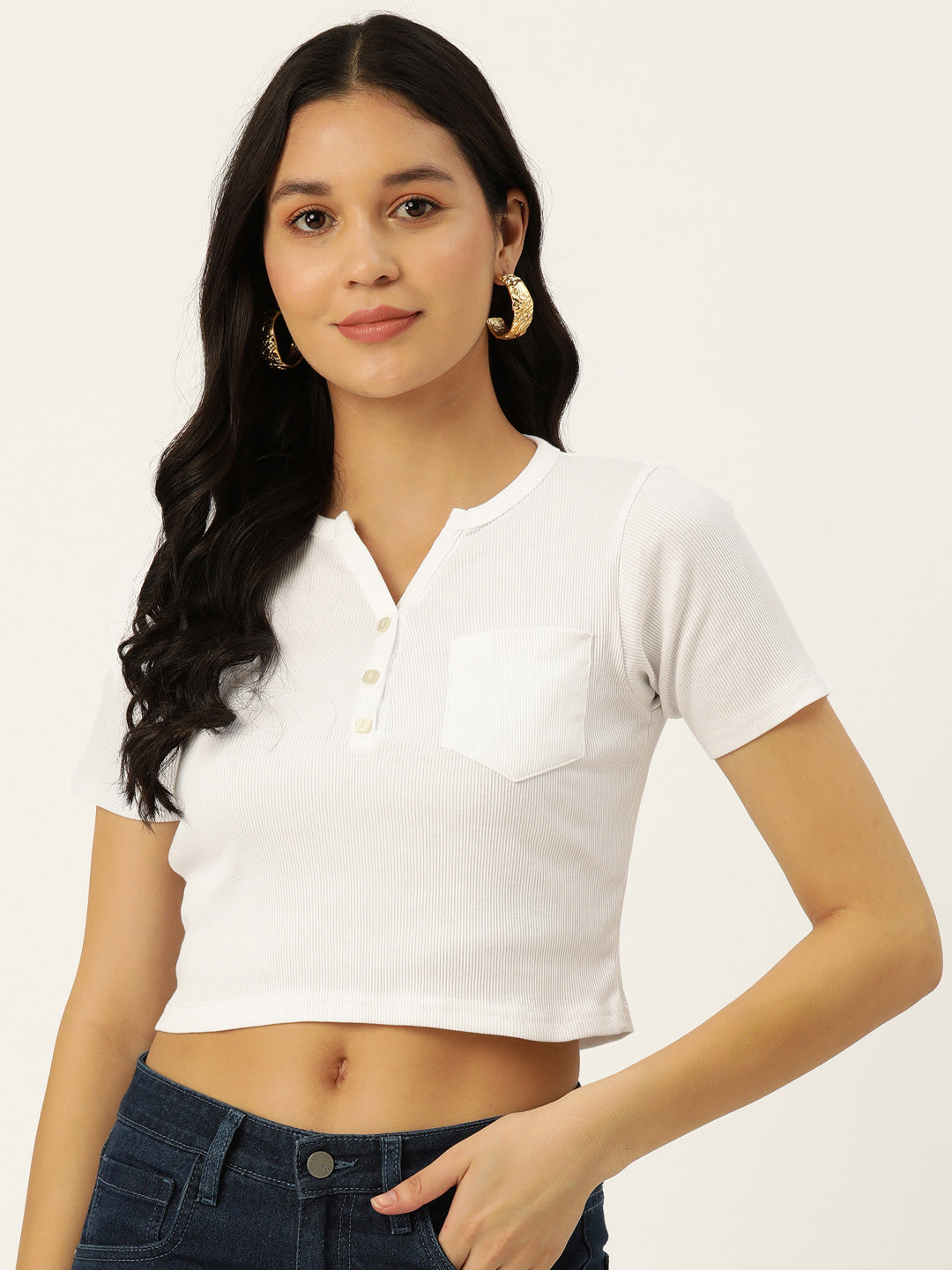 Womens White Henley Crew Neck Top Front View
