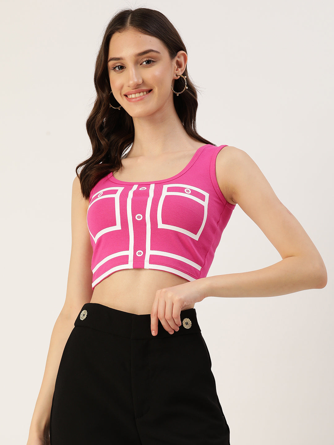 Womens Hot Pink Printed Tank Tops Front View