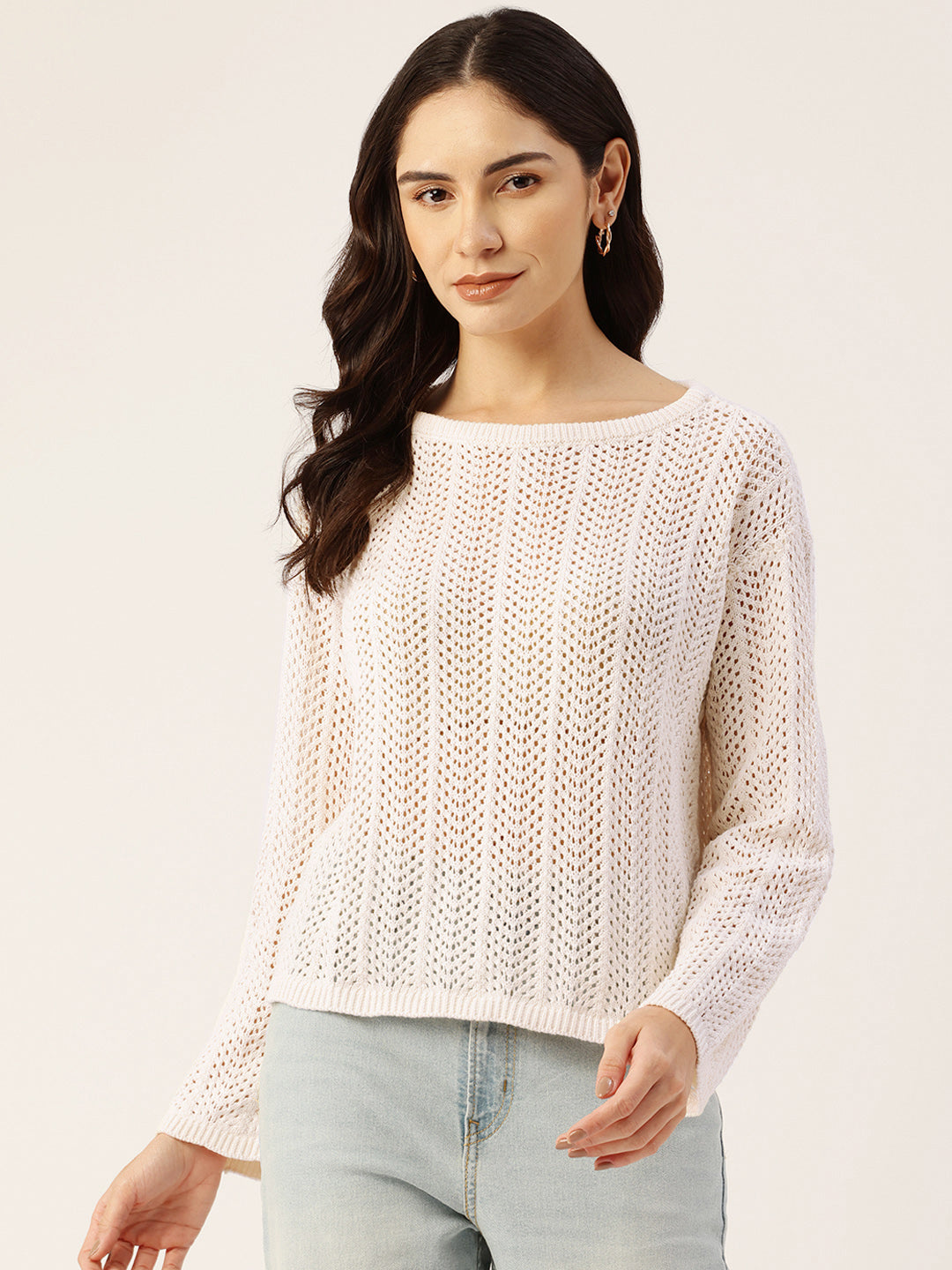 Women White Drop Shoulder Crochet Loose Fit Sweater Front View