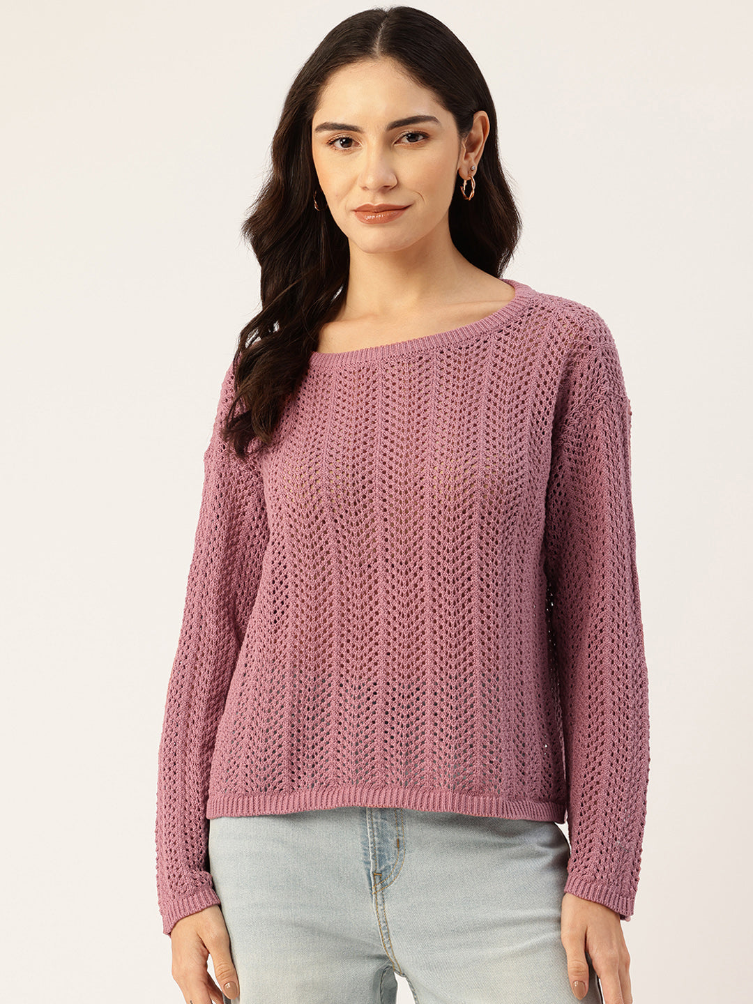 Women Peach Drop Shoulder Crochet Loose Fit Sweater Front View