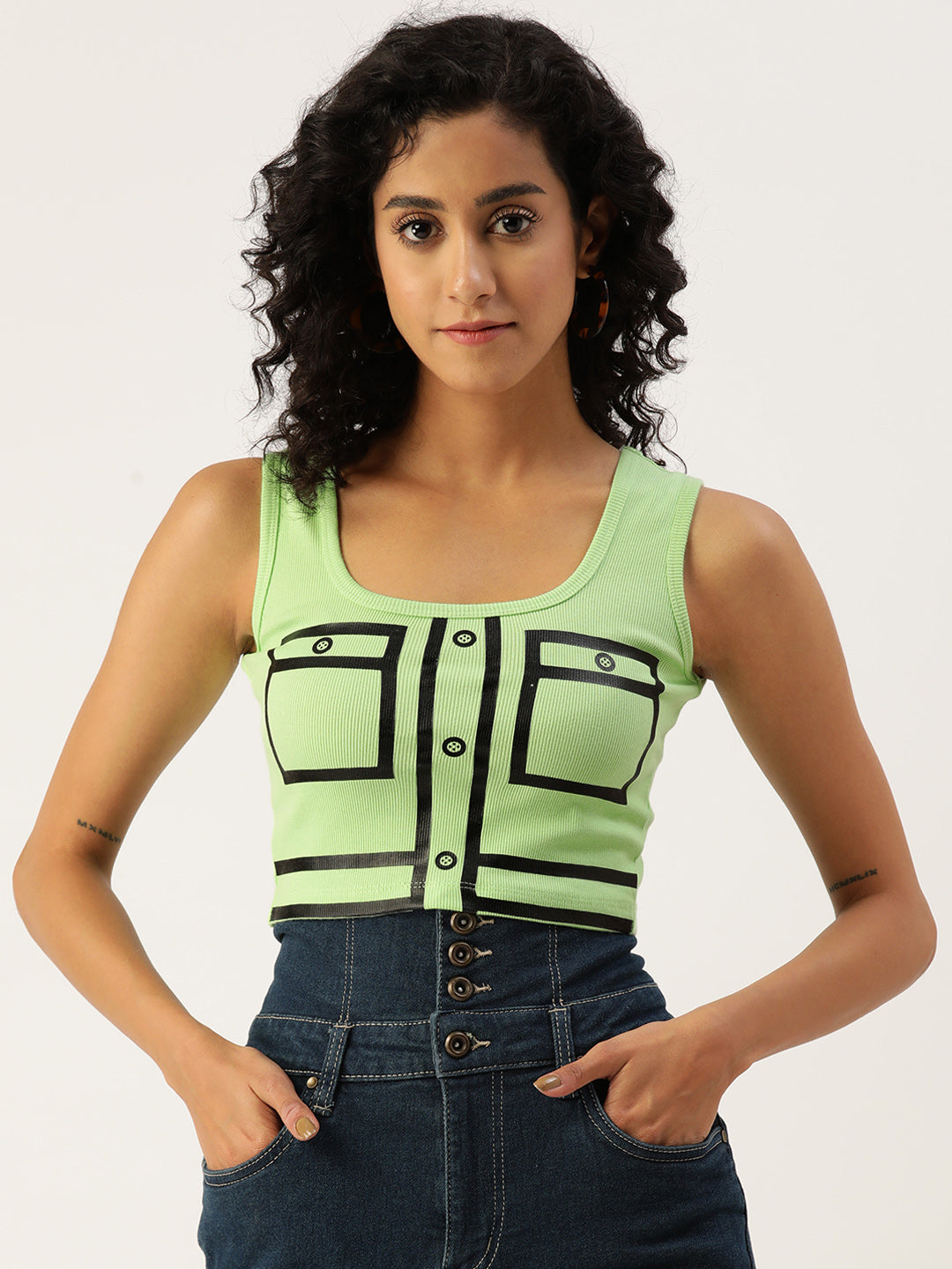 Womens Green Printed Tank Tops Front View