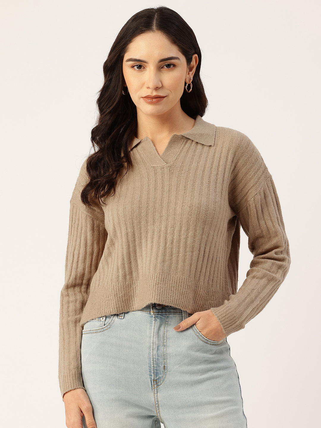 Women Brown Drop-Shoulder Collared Crop Sweater Front View
