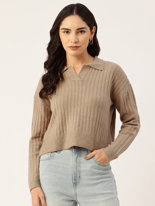 Women Brown Drop-Shoulder Collared Crop Sweater Front View
