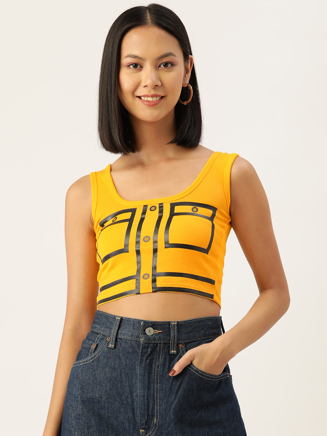 Womens Yellow Printed Tank Tops Front View