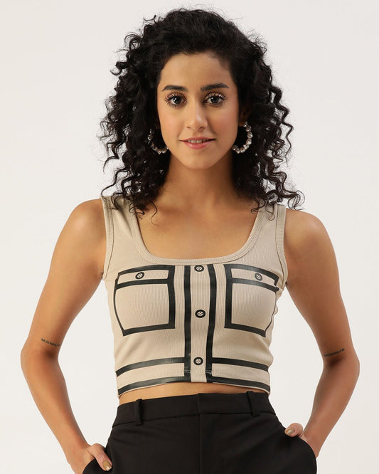 Womens Beige Printed Tank Tops Front View