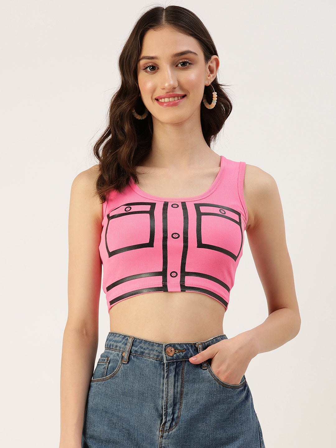 Womens Hot Pink Printed Tank Tops Front View