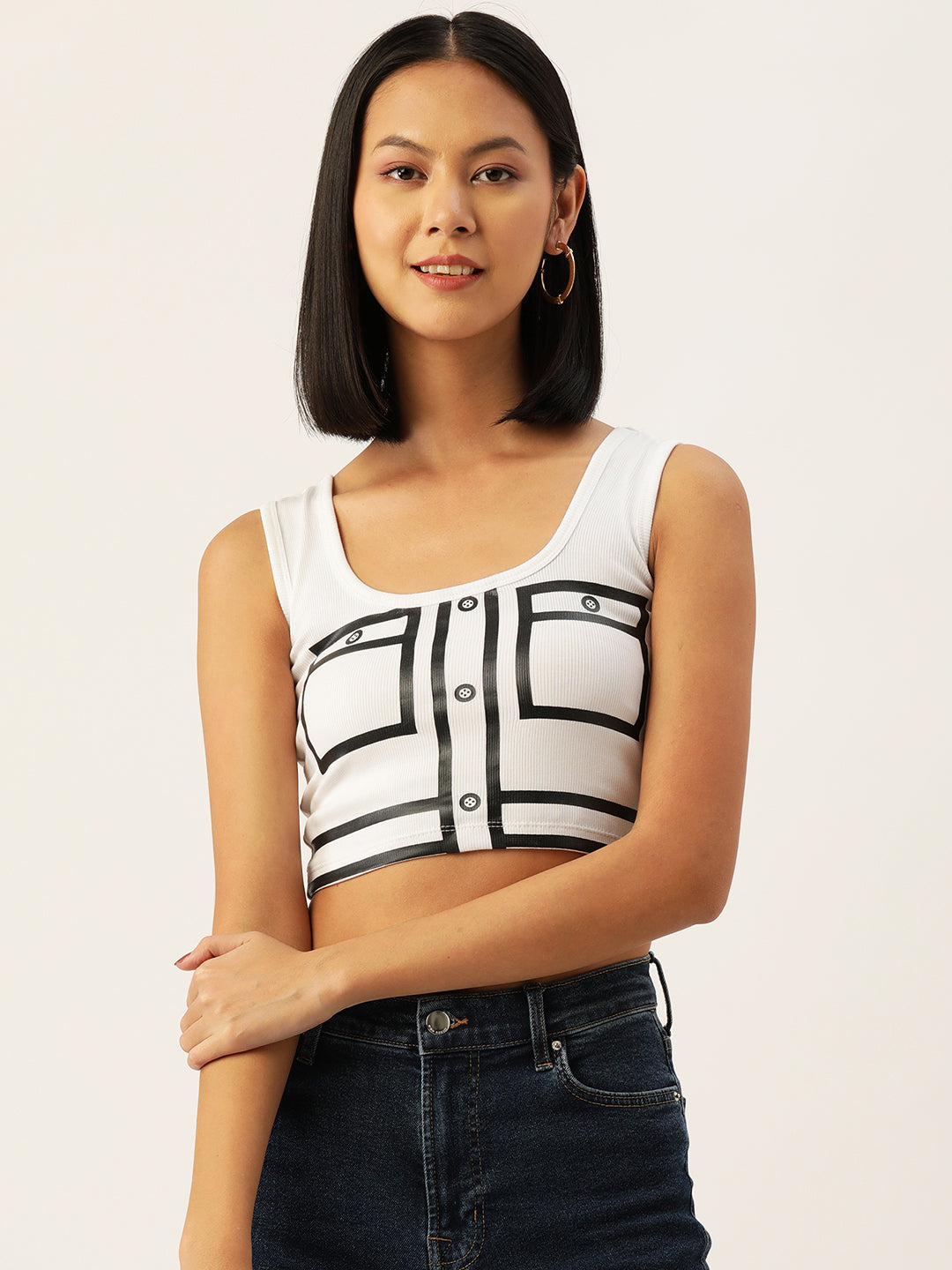 Womens White Printed Tank Tops Front View