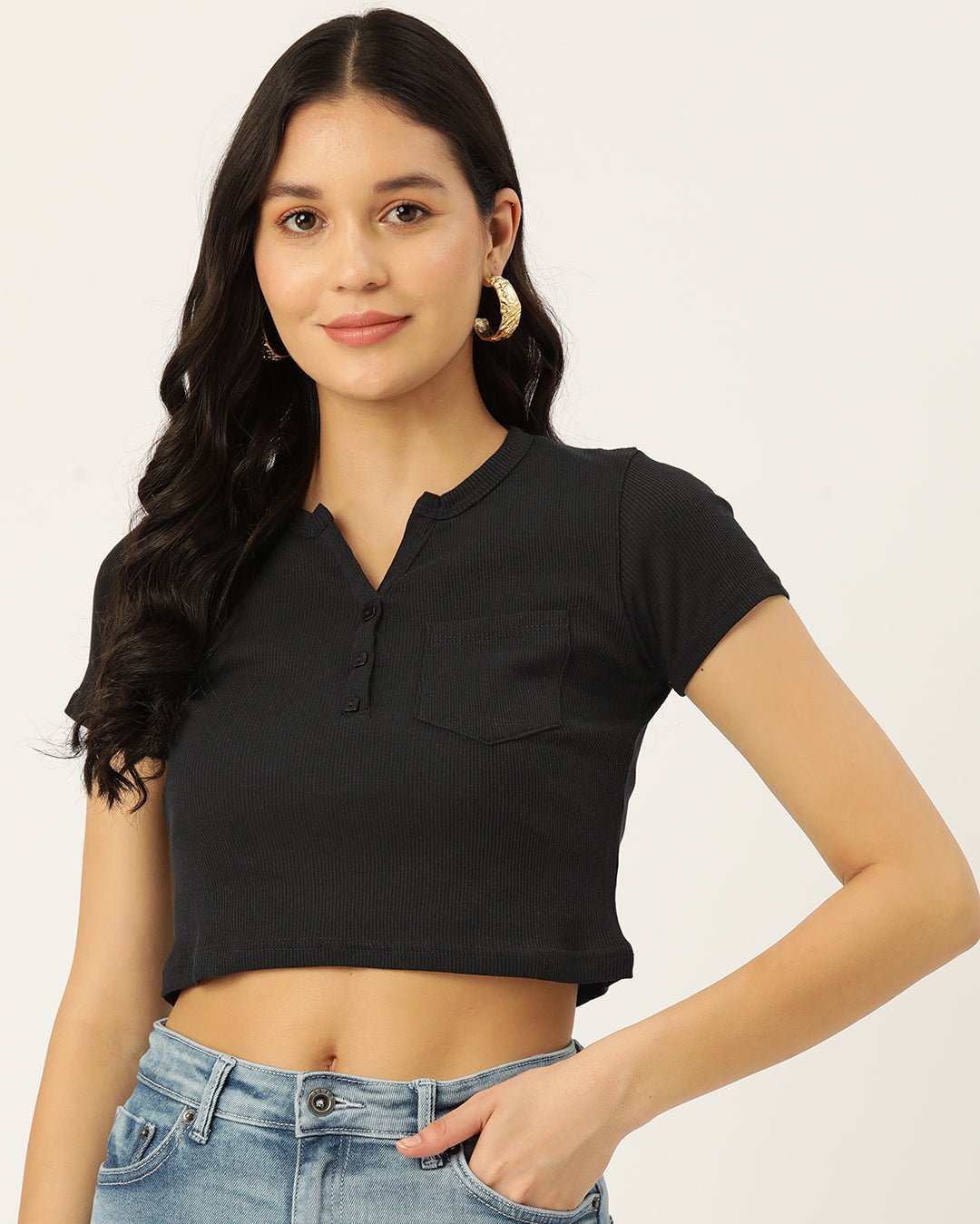 Womens Black Henley Crew Neck Top Front View