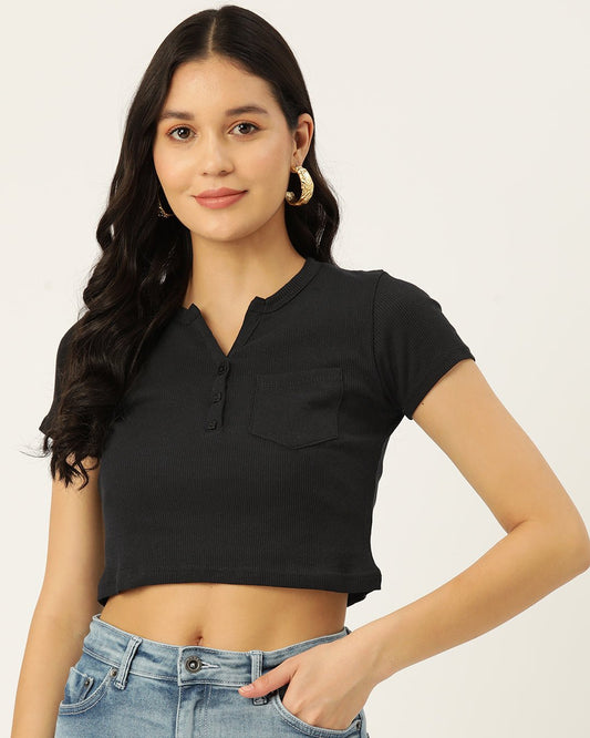Womens Black Henley Crew Neck Top Front View