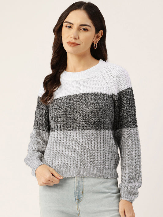 Women Grey and White Striped Drop Shoulder Crop Sweater Front View