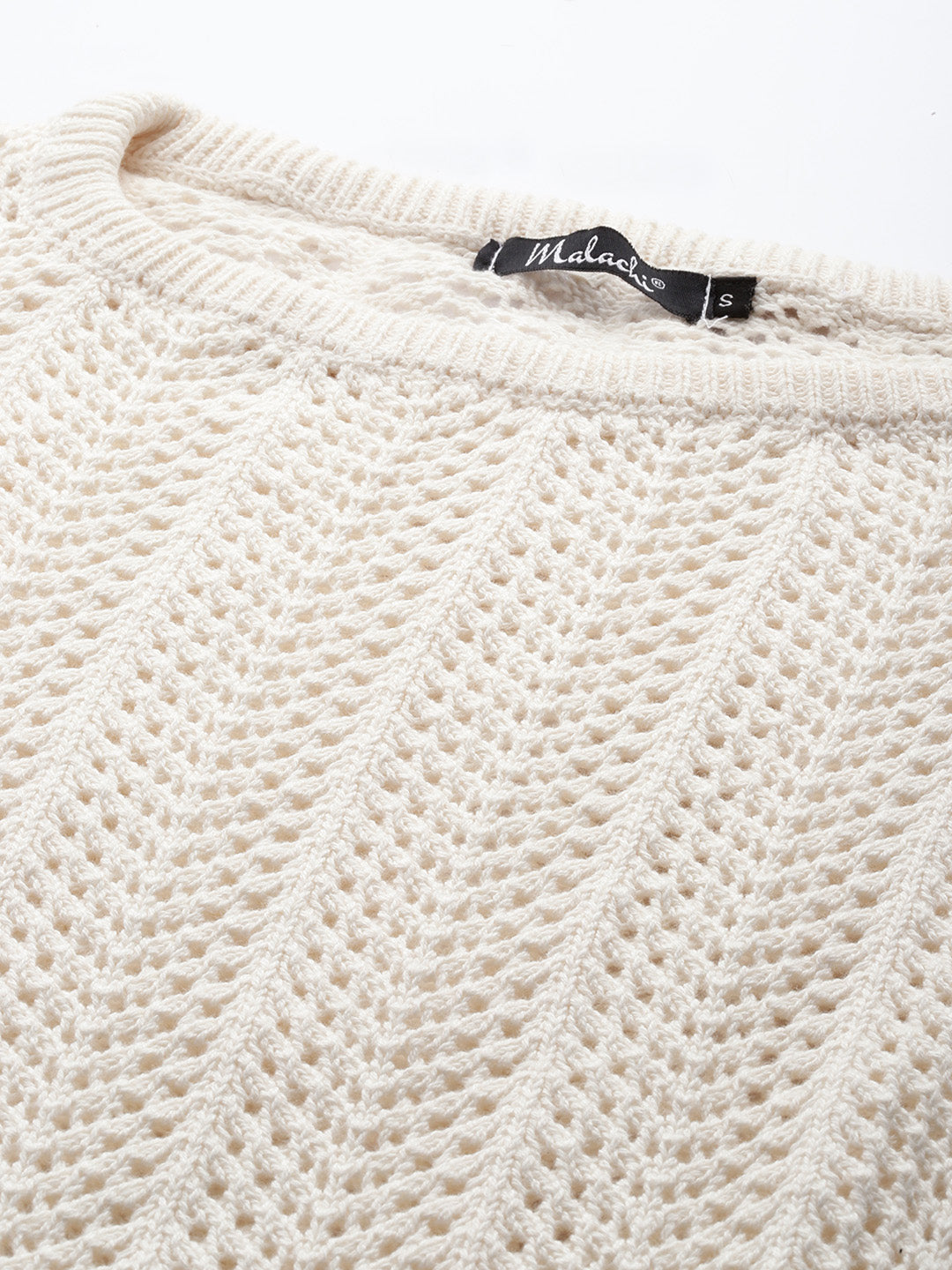 Women White Drop Shoulder Crochet Loose Fit Sweater Fabric View