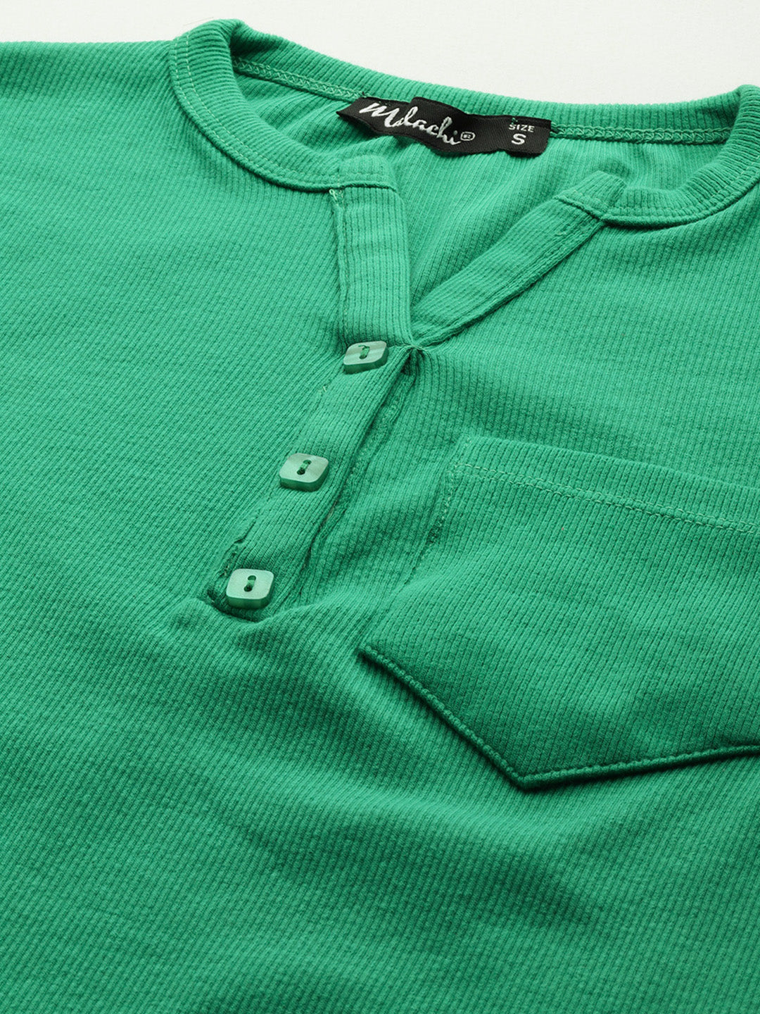Womens Green Henley Crew Neck Top Button Closeup View