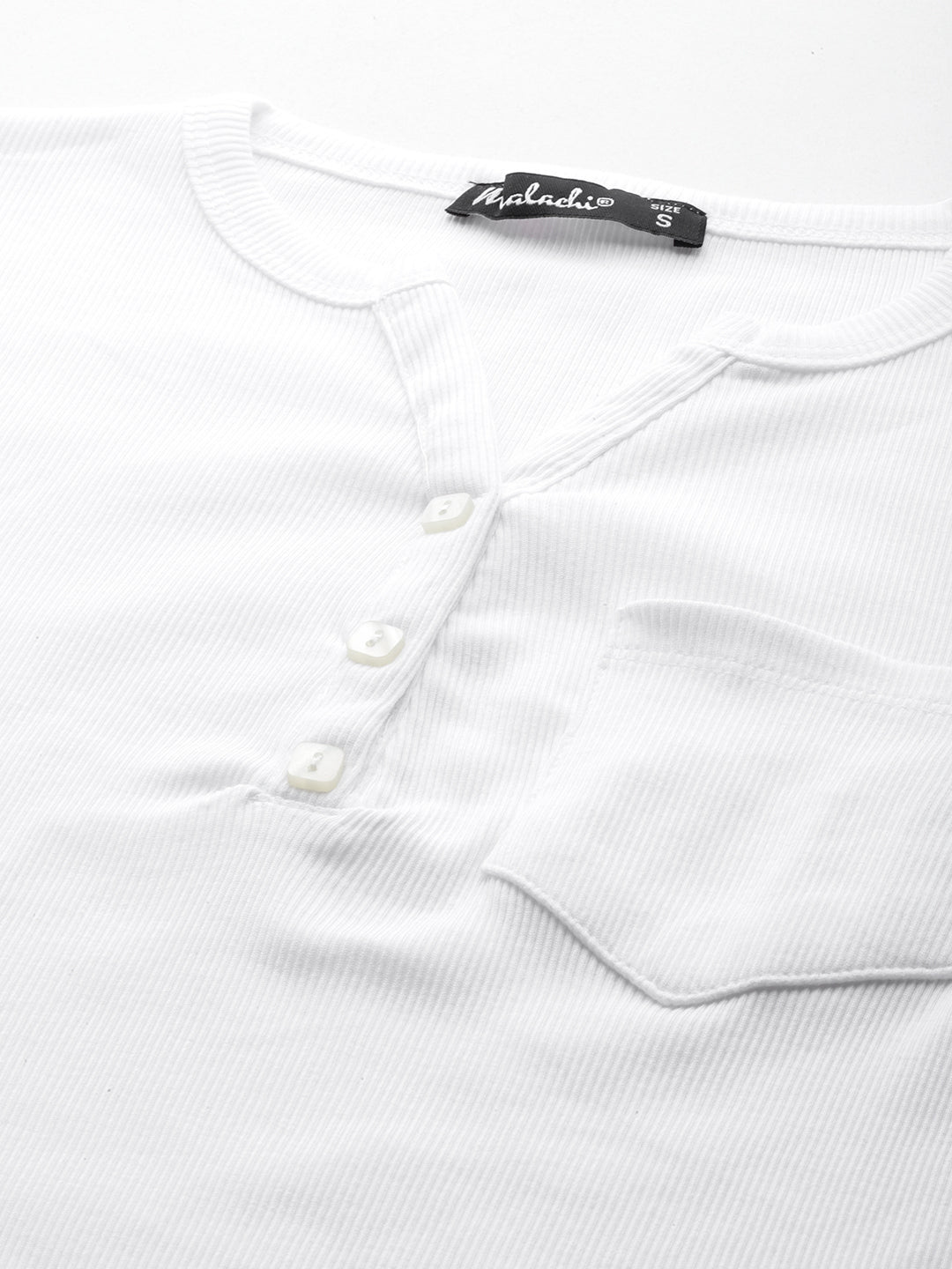 Womens White Henley Crew Neck Top Button Closeup View