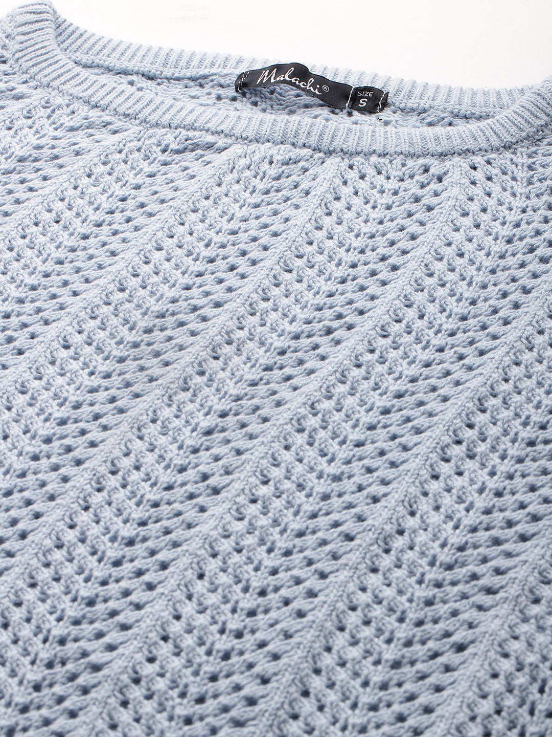 Women Sky blue Drop Shoulder Crochet Loose Fit Sweater Fabric View