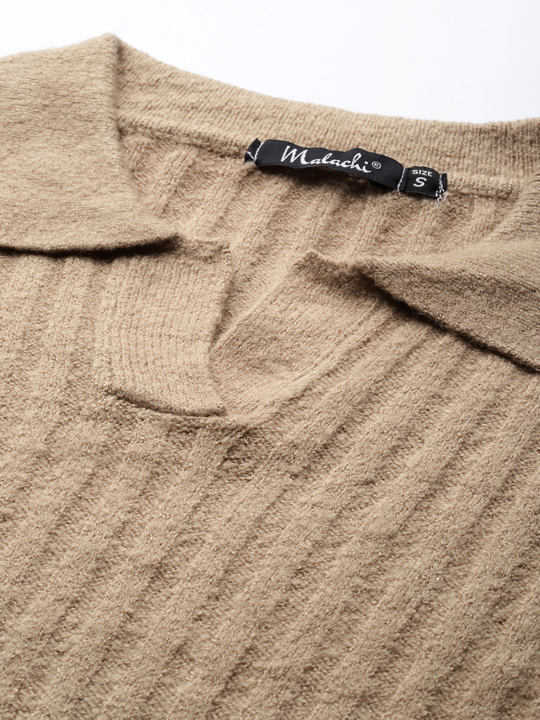 Women Brown Drop-Shoulder Collared Crop Sweater Fabric View
