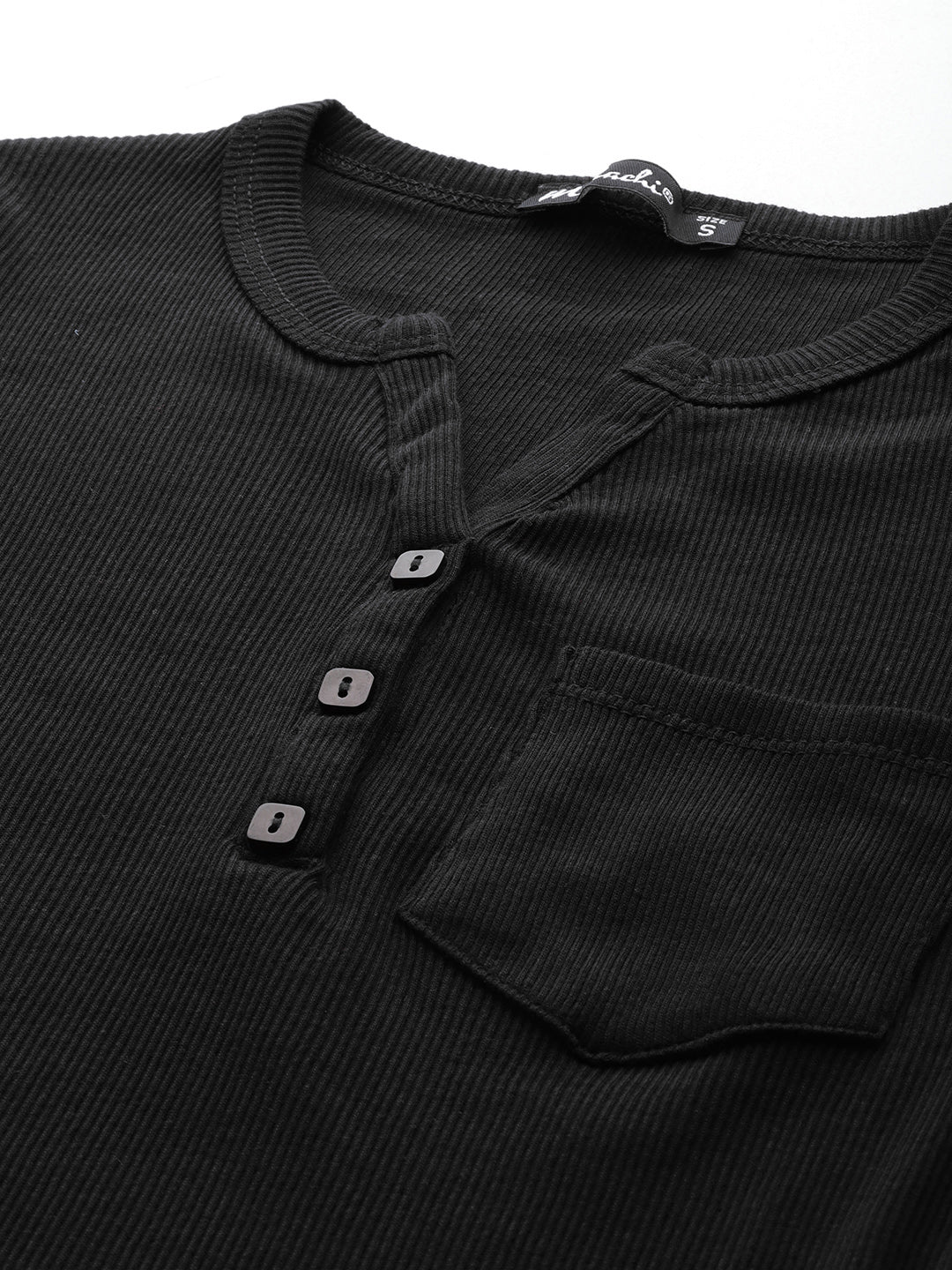 Womens Black Henley Crew Neck Top Button closup View
