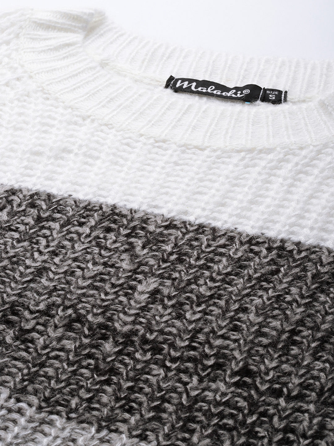 Women Grey and White Striped Drop Shoulder Crop Sweater Fabric View
