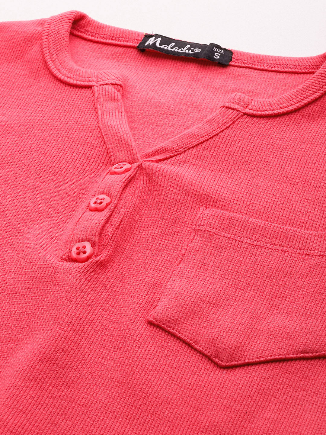 Womens Pink Henley Crew Neck Top button Closeup View