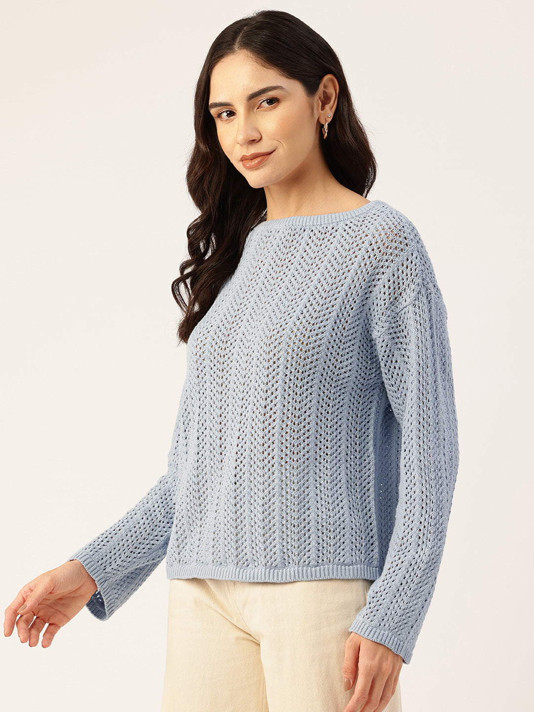 Women Sky blue Drop Shoulder Crochet Loose Fit Sweater Side View