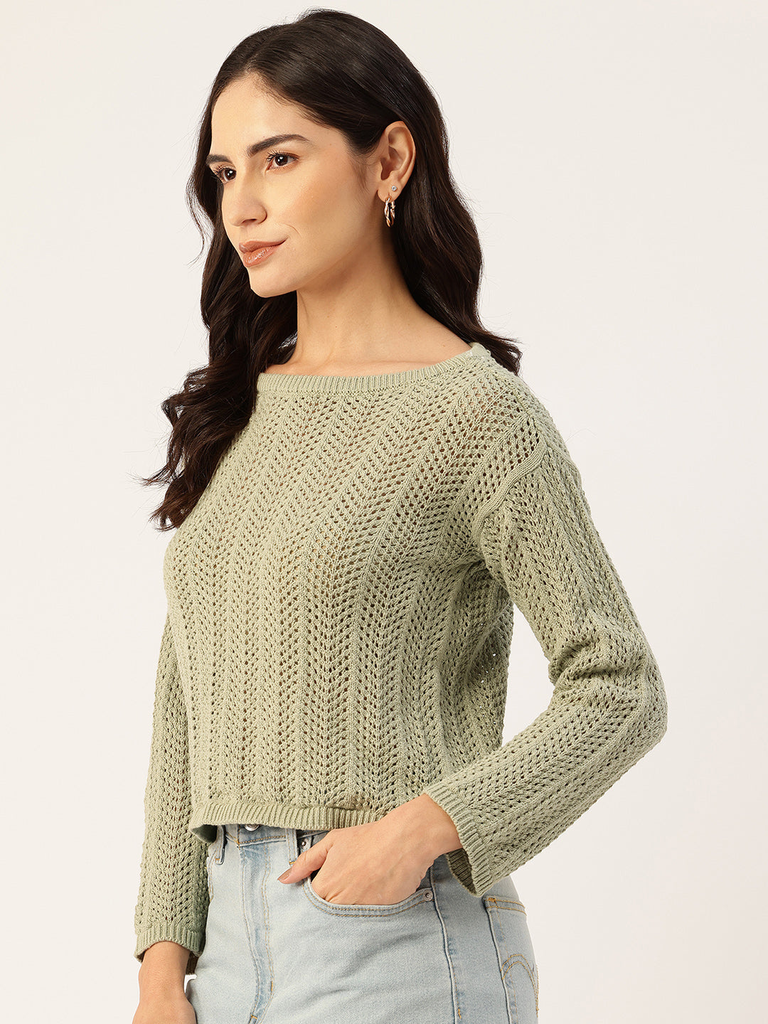 Women Olive Drop Shoulder Crochet Loose Fit Sweater SIde View