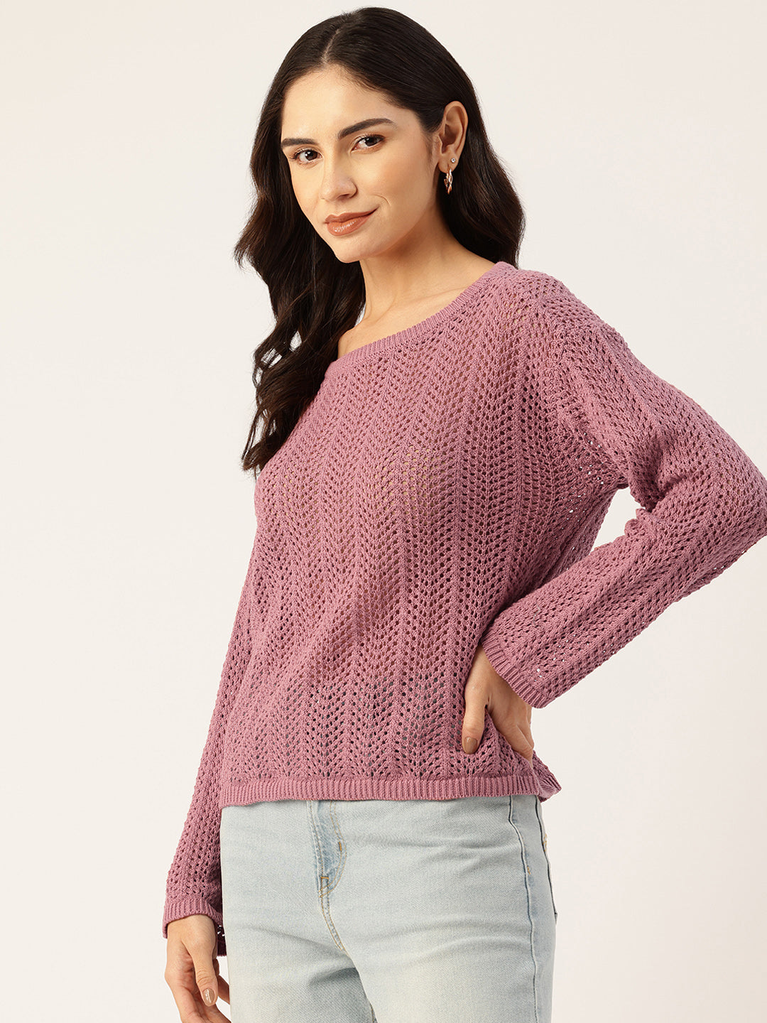 Women Peach Drop Shoulder Crochet Loose Fit Sweater Side View