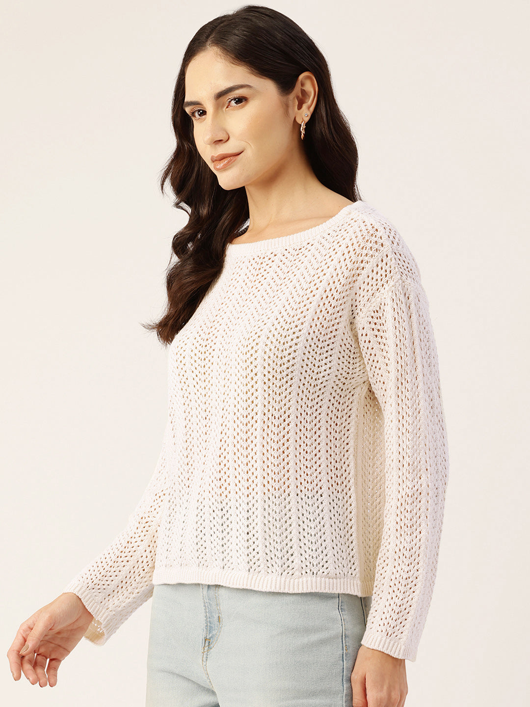 Women White Drop Shoulder Crochet Loose Fit Sweater Side View