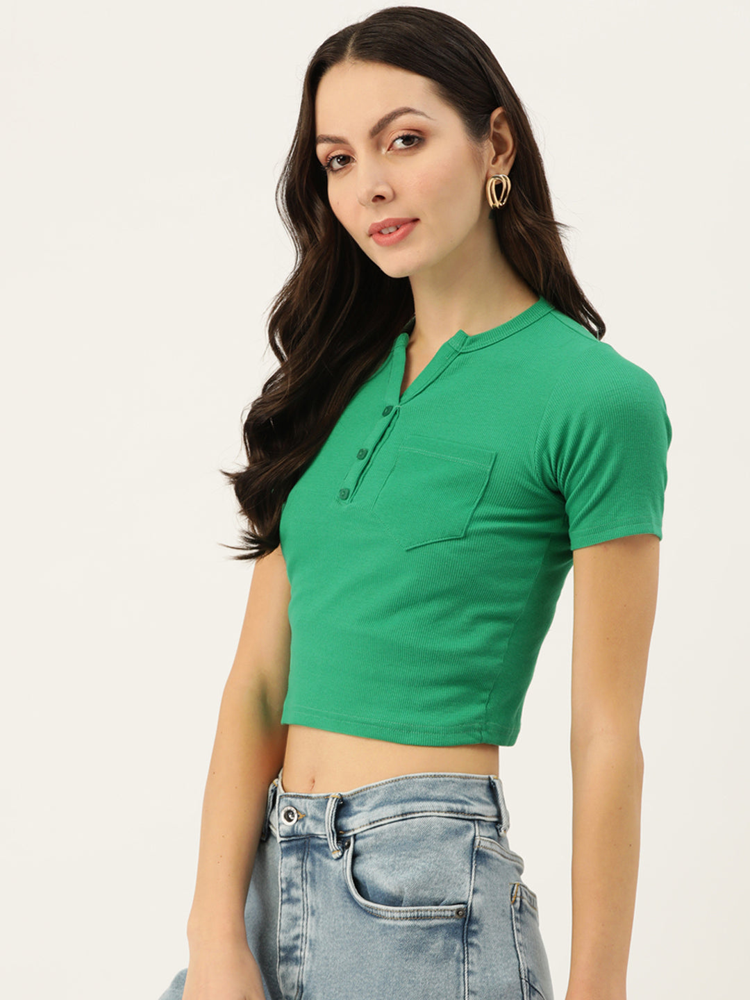 Womens Green Henley Crew Neck Top Side View