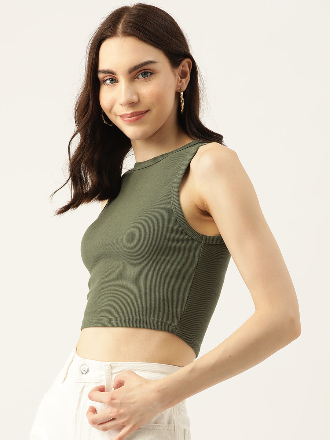 Womens Olive Cotton Tank Top Side View