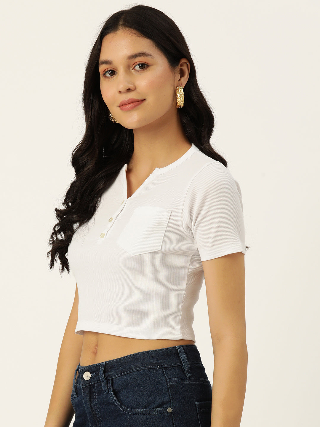 Womens White Henley Crew Neck Top Side View