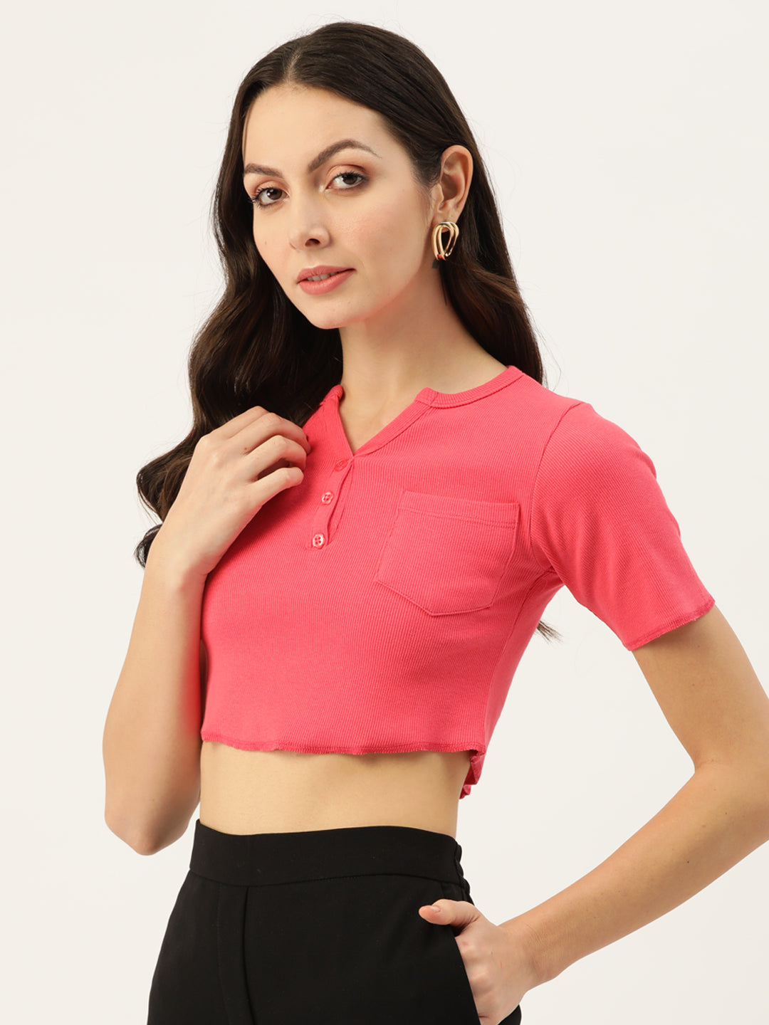 Womens Pink Henley Crew Neck Top Front Side View