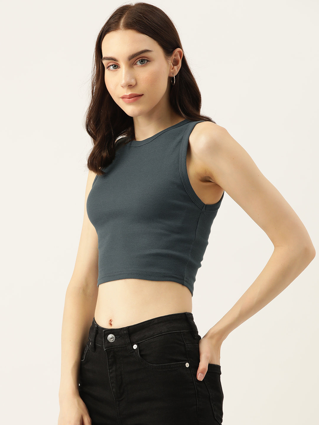 Womens Dark Grey Cotton Tank Top Side View