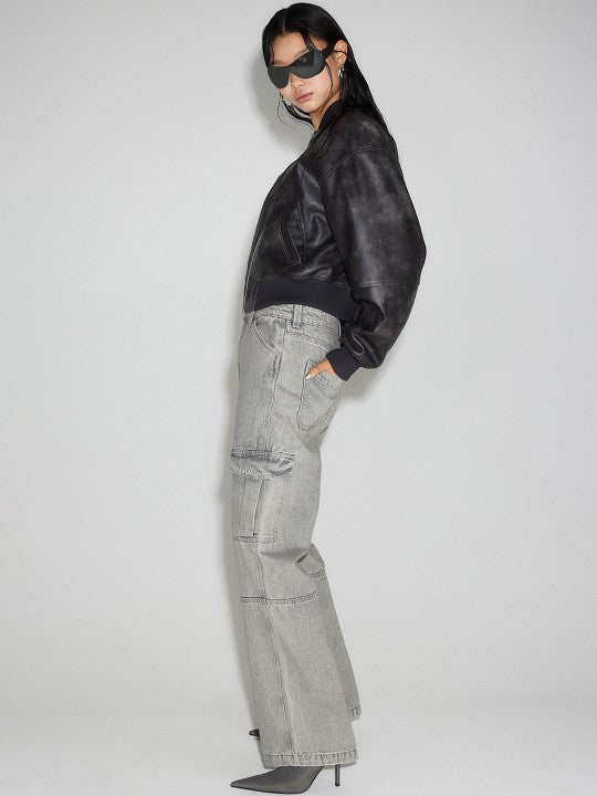 Women Grey Wide Leg Grey Cargo Side View