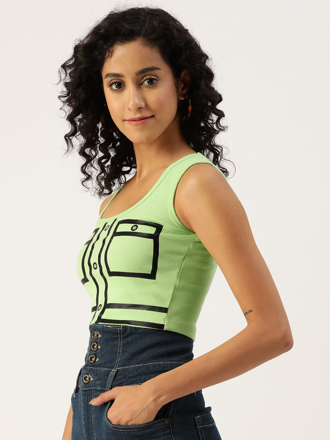 Womens Green Printed Tank Tops Side View
