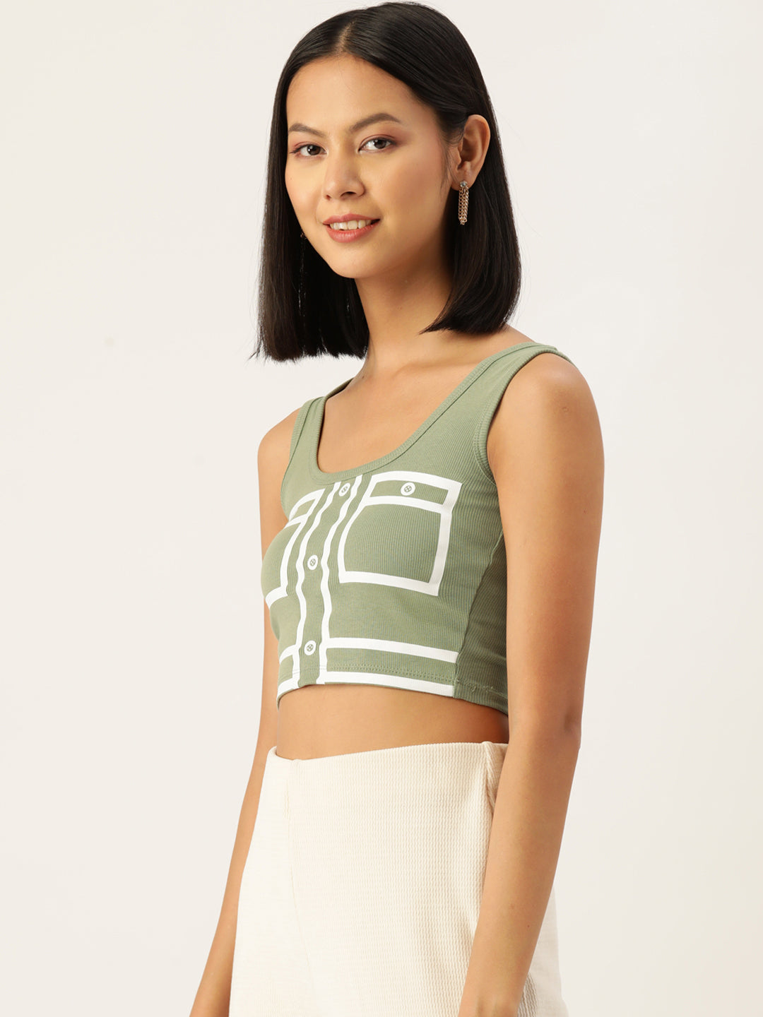Womens Olive Printed Tank Tops Side View