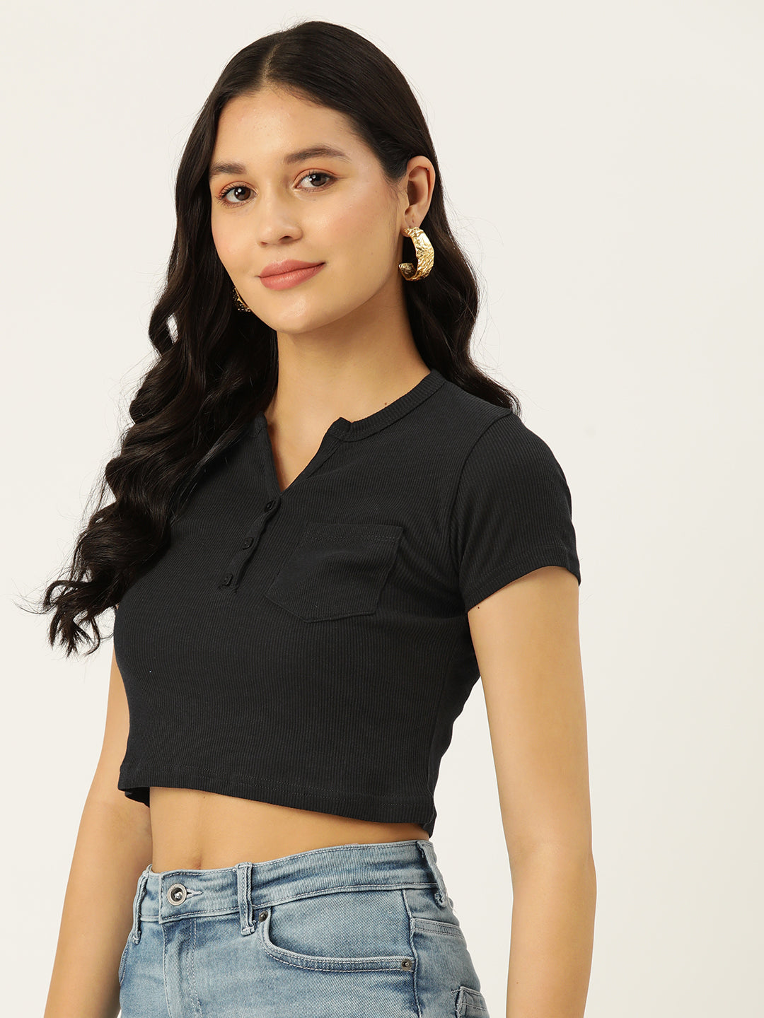 Womens Black Henley Crew Neck Top Side View