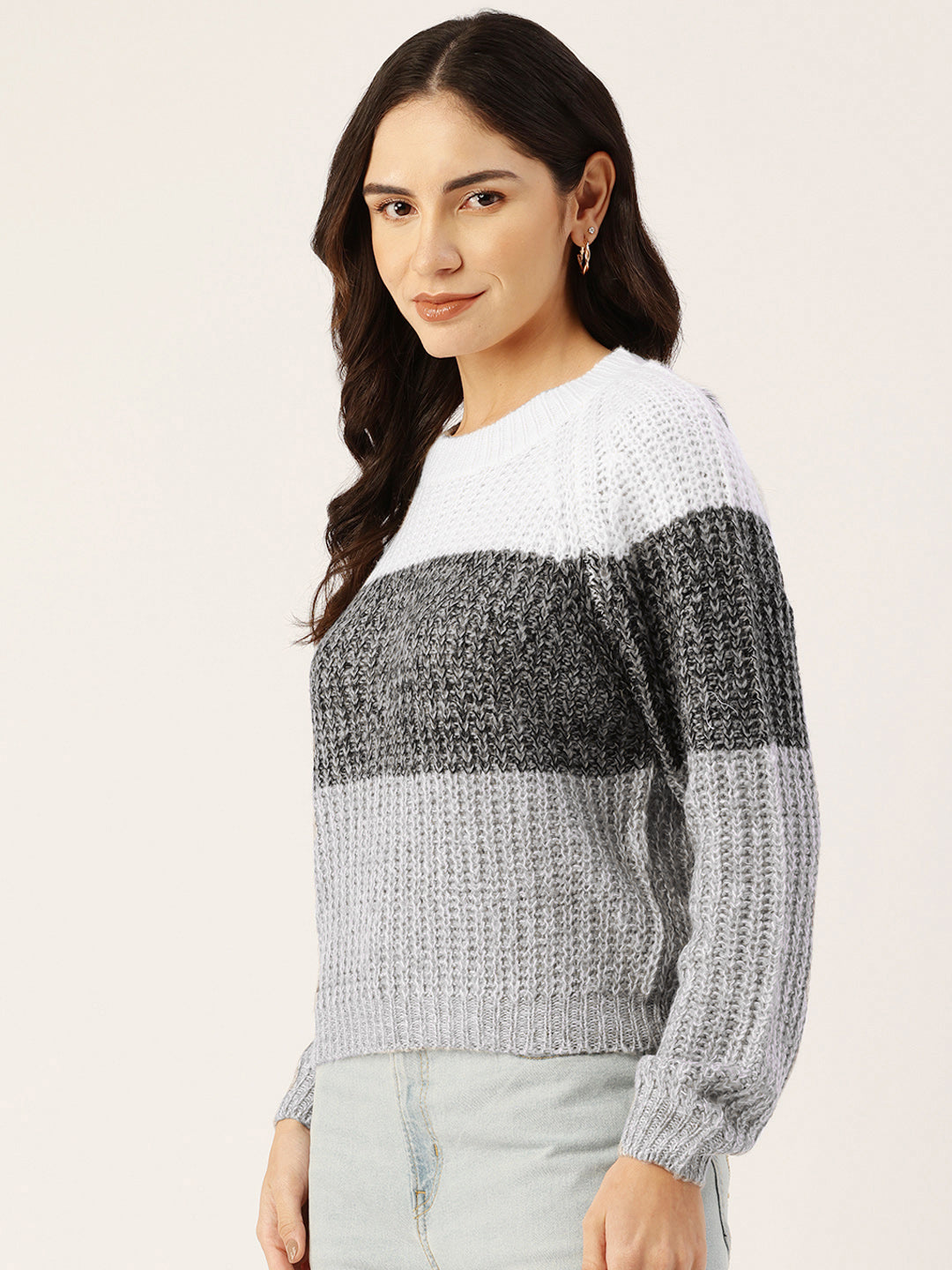 Women Grey and White Striped Drop Shoulder Crop Sweater Side View