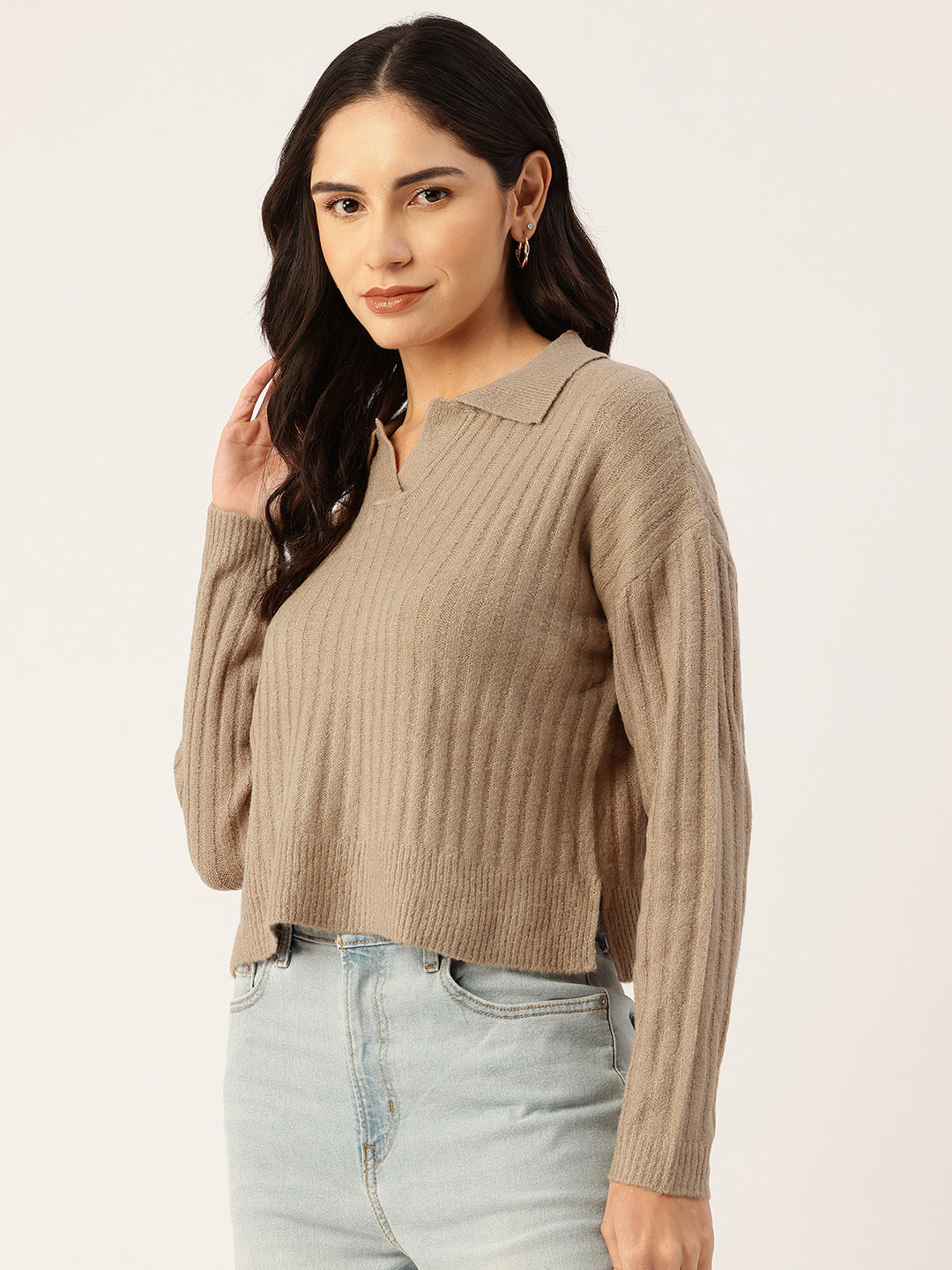 Women Brown Drop-Shoulder Collared Crop Sweater Side View