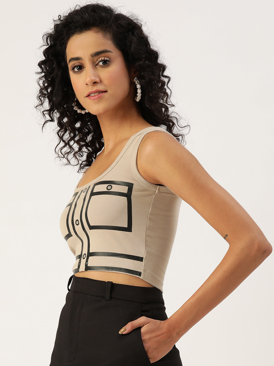 Womens Beige Printed Tank Tops Side View