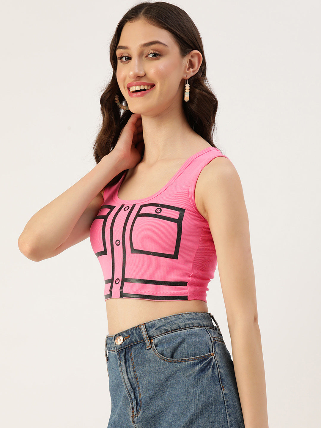 Womens Hot Pink Printed Tank Tops Side View
