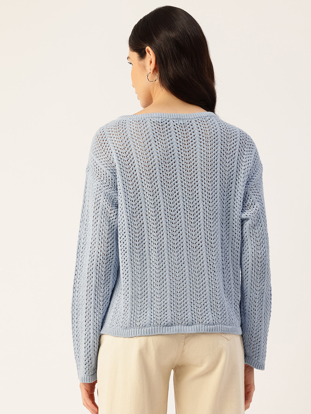Women Sky blue Drop Shoulder Crochet Loose Fit Sweater Back View