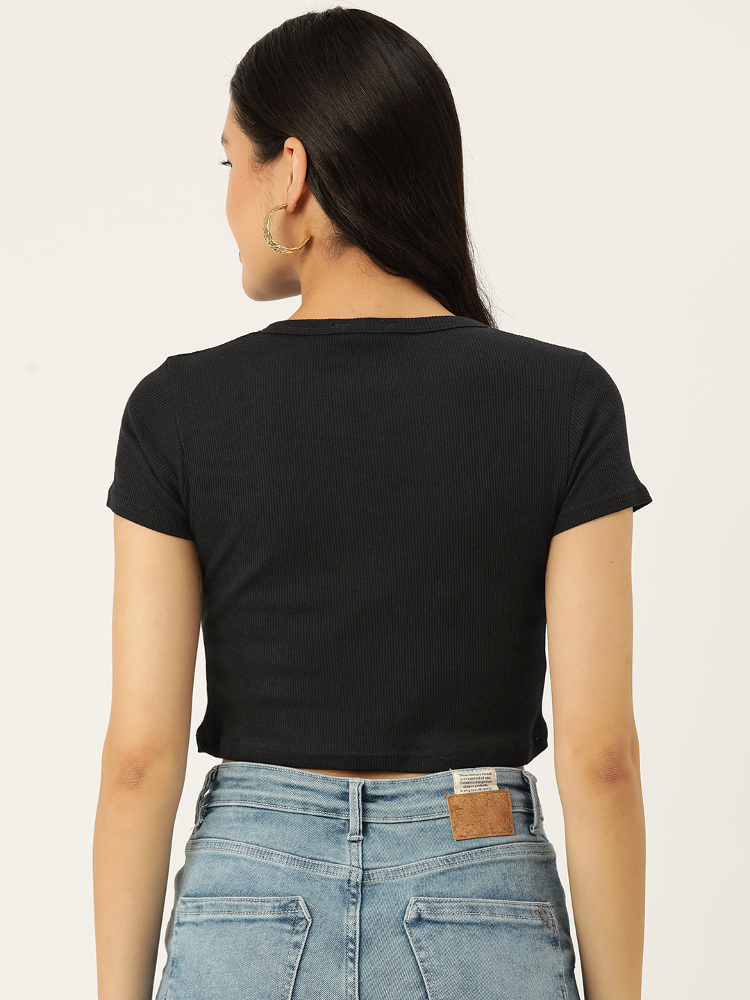 Womens Black Henley Crew Neck Top Back View